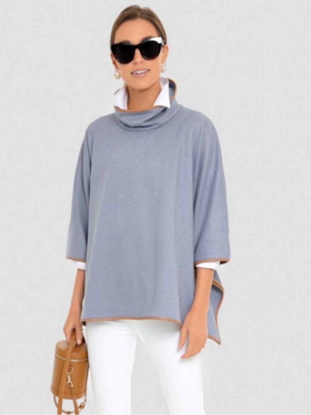 Tuckernuck Poncho Funnel Piper trimmed slate blue with tan OS perfect for fall